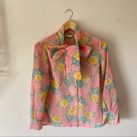 Vintage Floral Blouse with Neck Tie - Picture 2 of 7